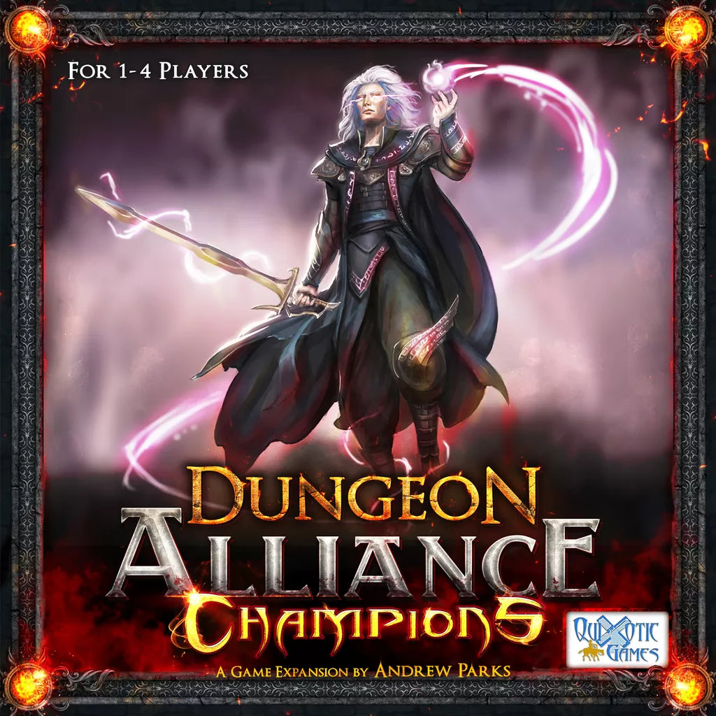 The cover depicts a white-haired mage in dark armor with a glowing staff amid swirling magic. The title reads Dungeon Alliance: Champions Expansion, a deck-building miniatures game by Quixotic Games.