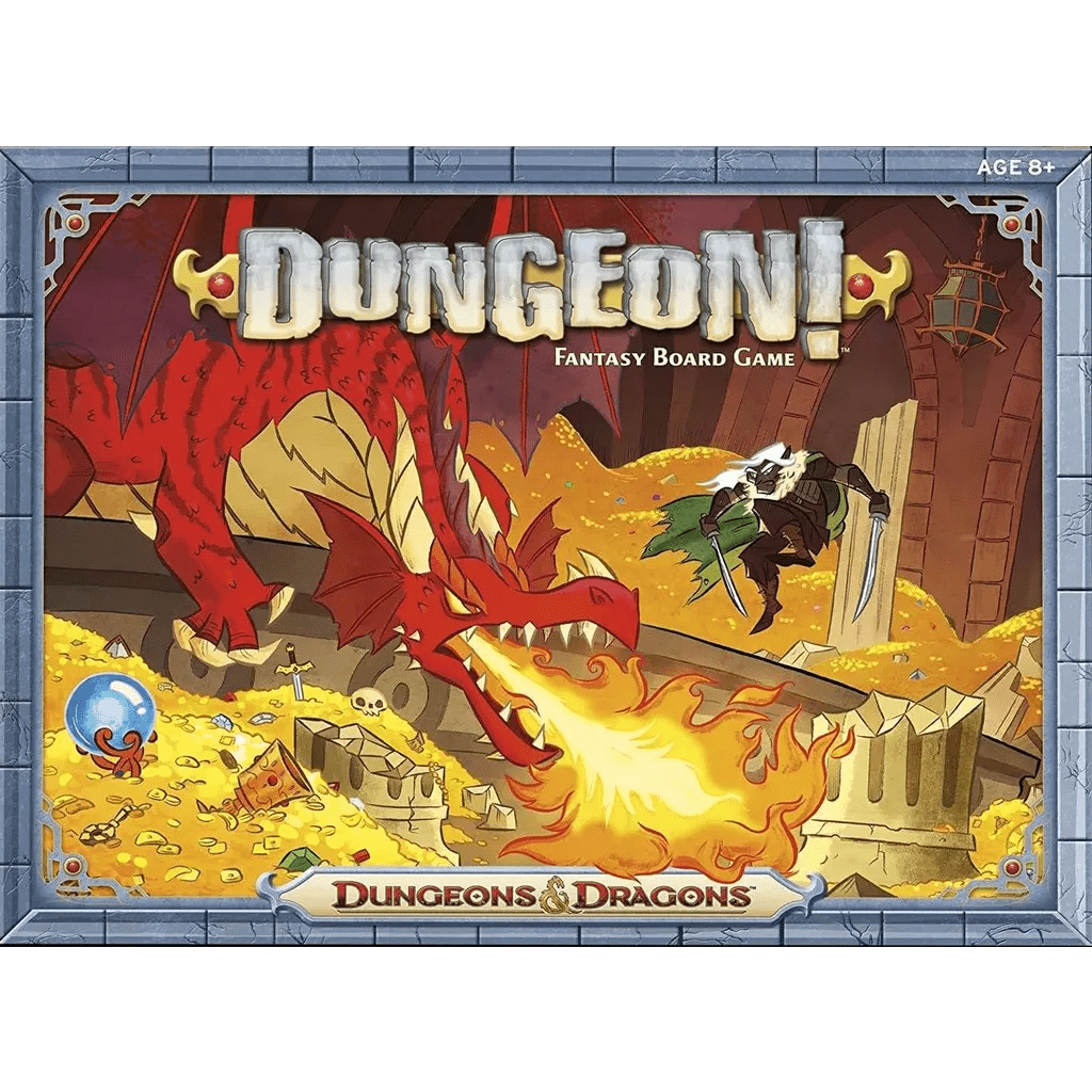 The box cover for Dungeon! by TSR features a red dragon breathing fire at an armored adventurer surrounded by gold and skulls, evoking the excitement of dungeon exploration. The title "Dungeon!" appears prominently at the bottom.