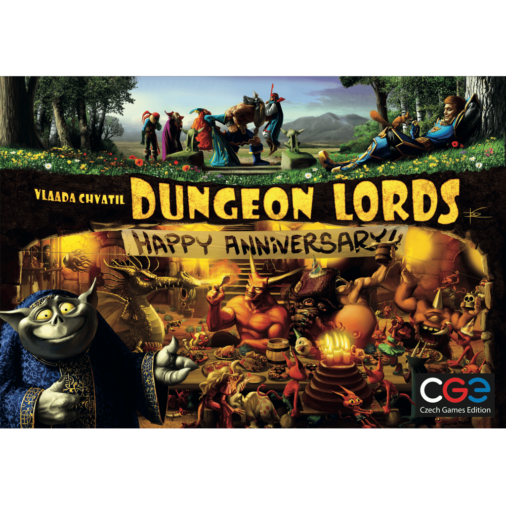 The box art for Dungeon Lords: Happy Anniversary by Czech Games Edition (CGE) features cartoon fantasy creatures celebrating underground with a banner, as more monsters and heroes from the Festival Season expansion gather above. CGE logo appears in the co