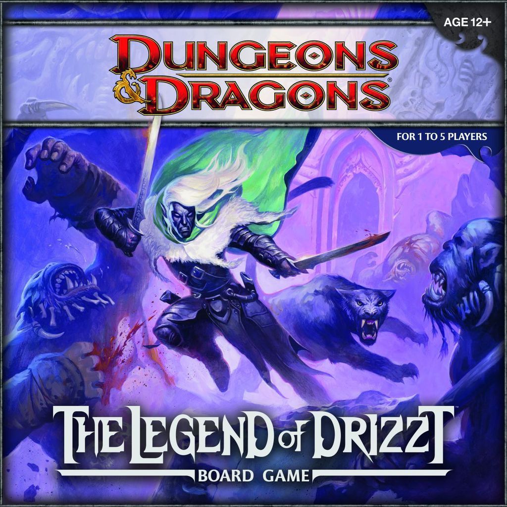 The box cover of Dungeons & Dragons: The Legend of Drizzt Board Game by Wizards of the Coast features a white-haired elf warrior with two swords and a black panther battling monsters in a cooperative adventure setting.