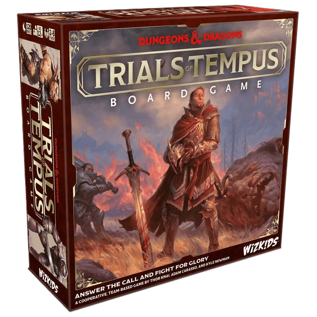 The box for Dungeons & Dragons: Trials of Tempus (Standard Edition) by WizKids features an armored warrior with sword and shield against a dramatic fantasy landscape, highlighting this exciting team-based co-op board game.
