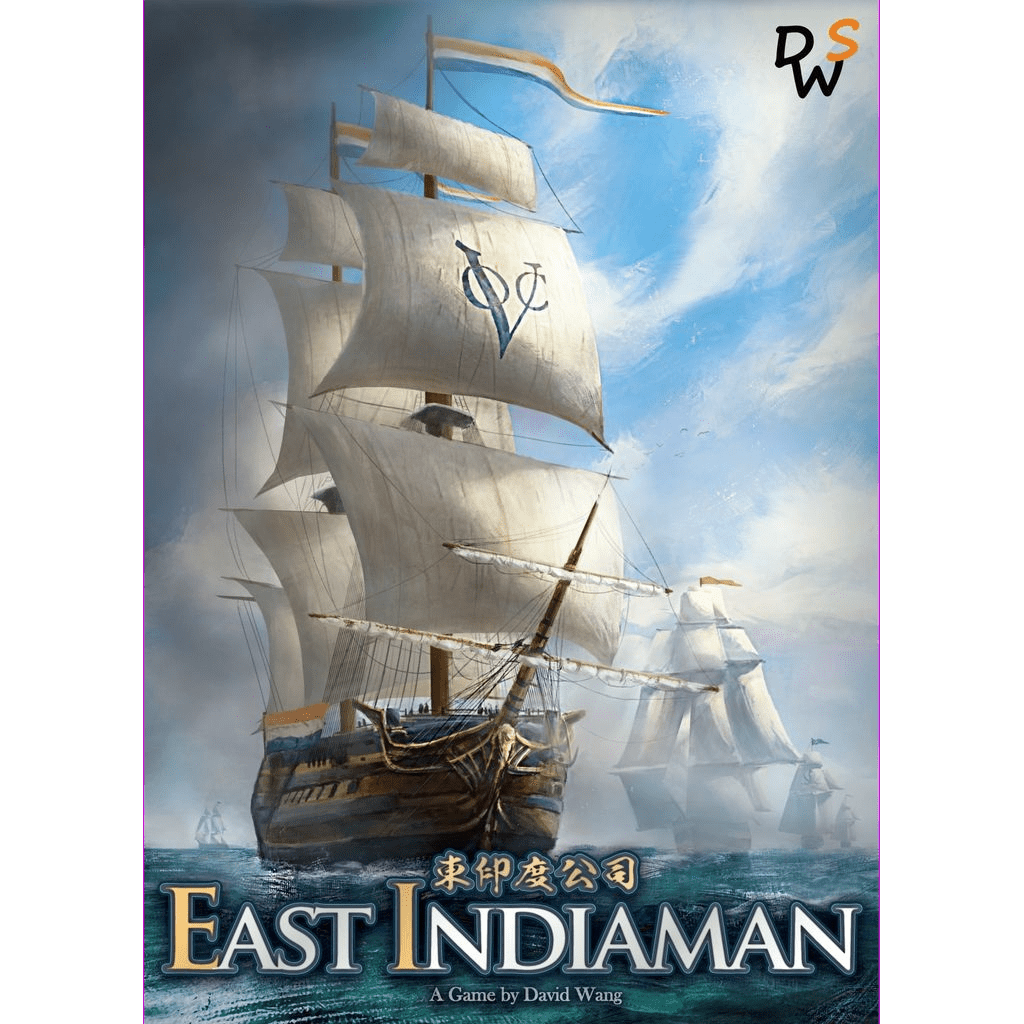 East Indiaman with Solo Play & 5 Player Expansion by David Wang Studio depicts two wooden sailing ships with white sails on the ocean, titled EAST INDIAMAN with Chinese characters, recalling the Age of Discovery and the East India Companies.