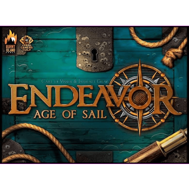 Board game box cover for Endeavor: Age of Sail by Burnt Island Games, showing nautical motifs—rope, compass, wood planks, metal bolts, and a scroll—with the title in bold gold letters.
