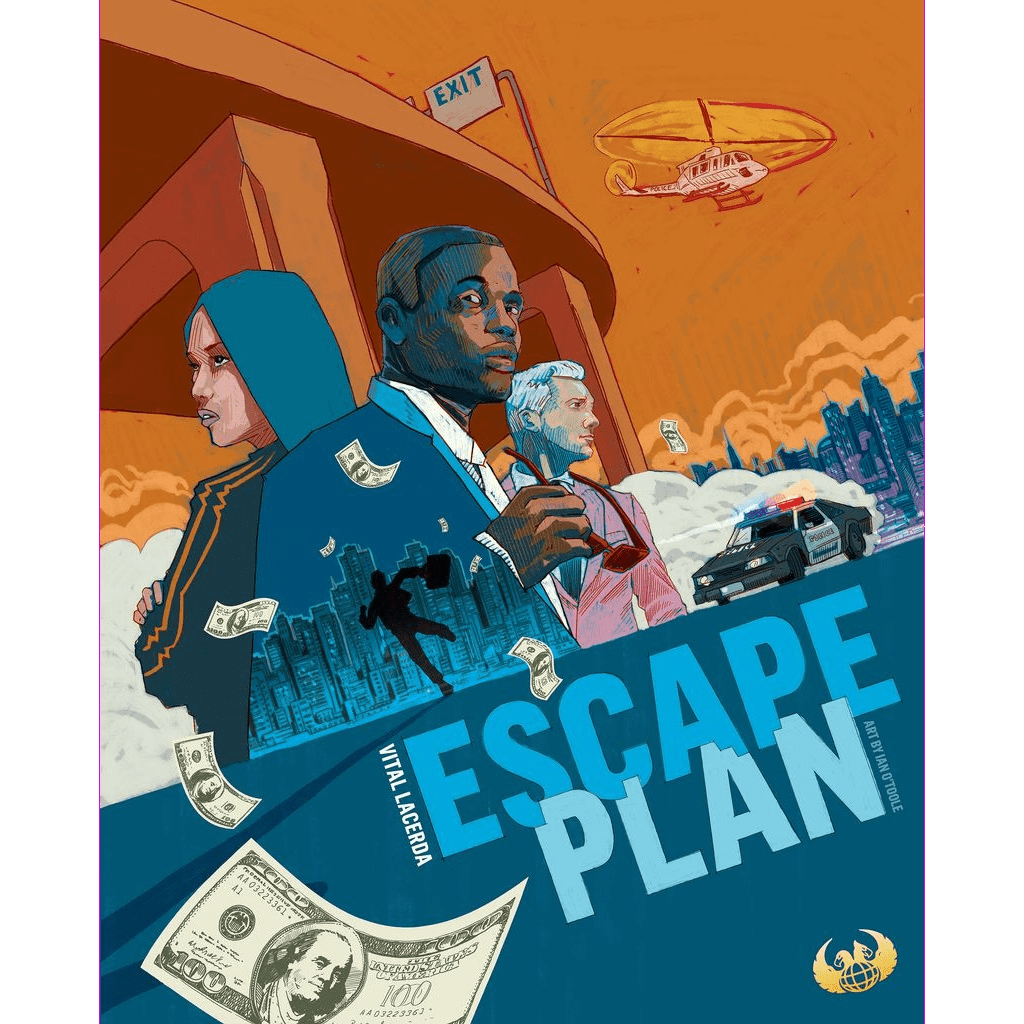 Illustrated cover for Escape Plan by Eagle-Gryphon Games, with three serious figures, flying money, police car, helicopter, city skyline, and a bold EXIT sign set against an orange sky.