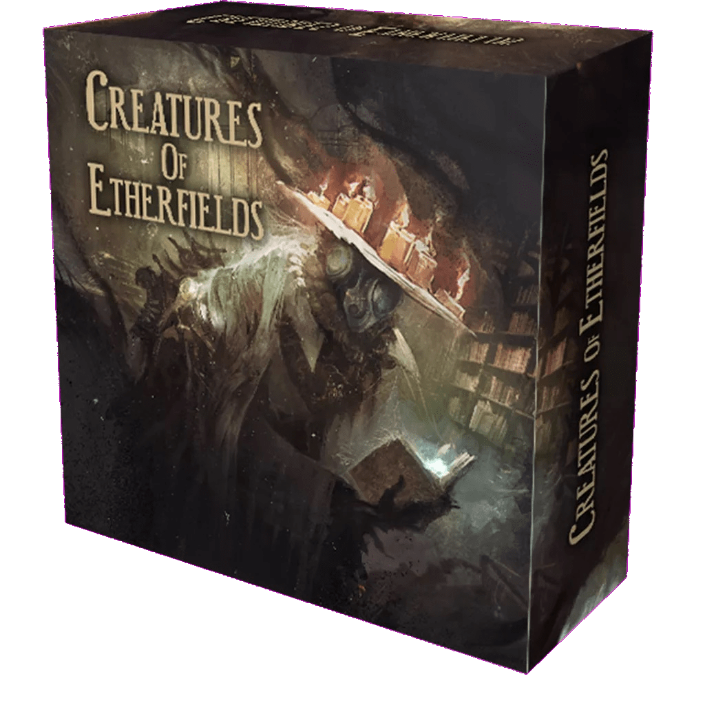 The Etherfields: Creatures of Etherfields Add-on by Awaken Realms features a dark, illustrated box with a hooded figure and glowing book—an ideal miniatures expansion for fans of immersive board games.