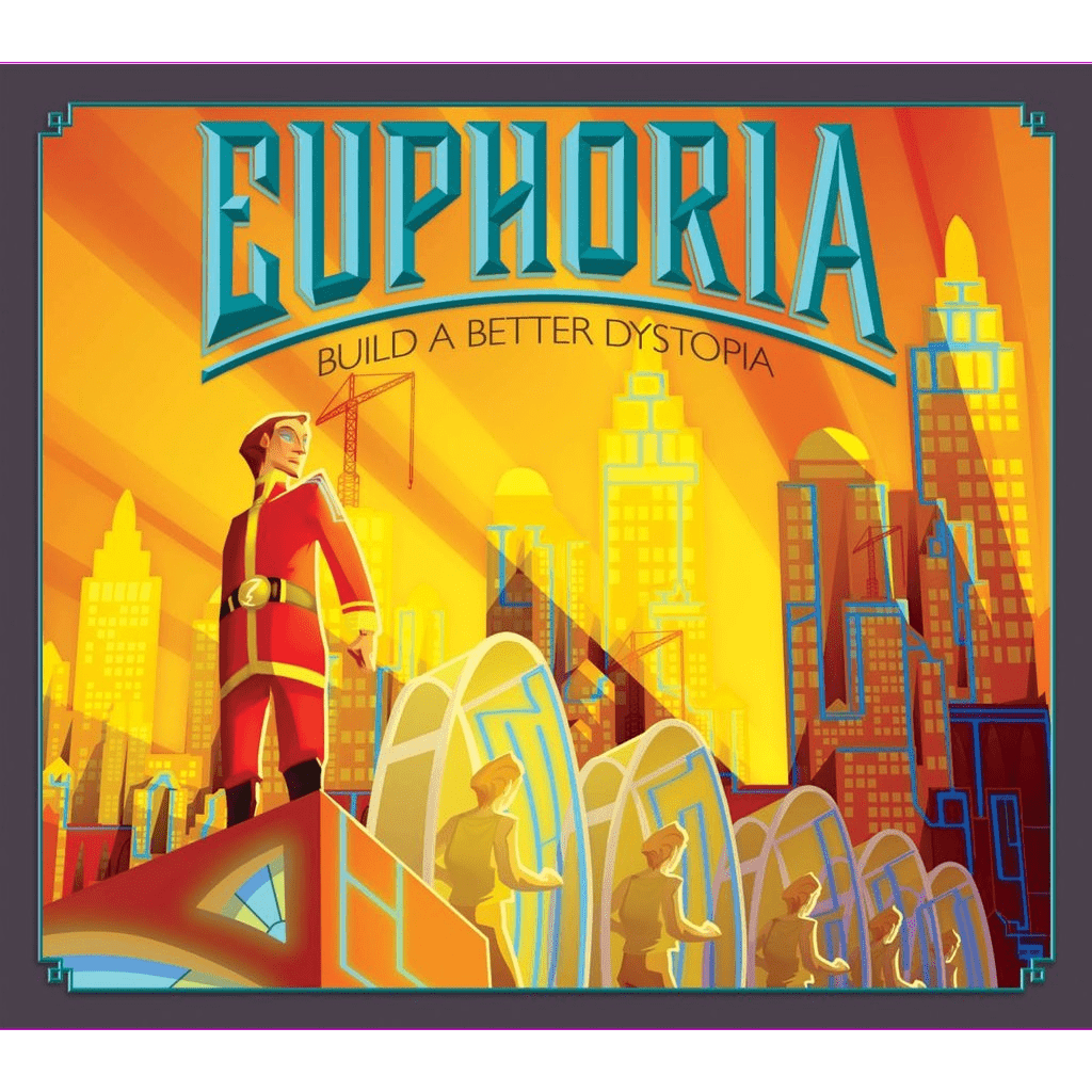 A stylized futuristic city glows gold as a red-clad figure stands confidently amid tall buildings, with the text "Euphoria: Build a Better Dystopia" evoking the world of Stonemaier Games’ board game.