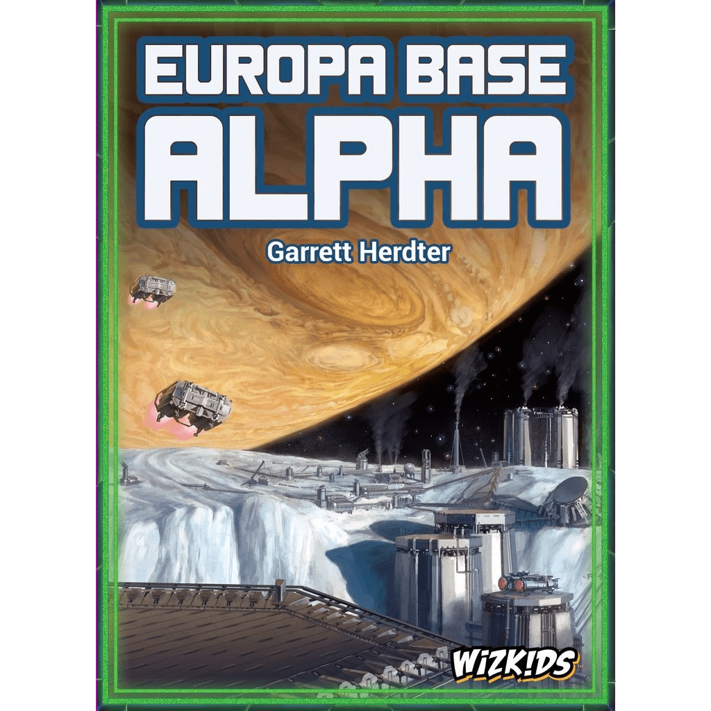 Box cover for Europa Base Alpha by WizKids, showing a futuristic ice base on Europa with spaceships and Jupiter in the background. The WizKids logo is at the bottom right.