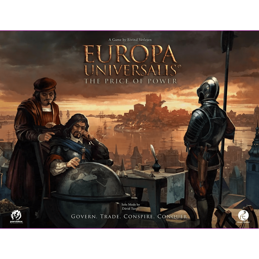 Three historical figures overlook a sunset harbor—one points at a globe, another writes on a scroll, and an armored knight gazes at ships. Discover grand 4X strategy with Europa Universalis: The Price of Power by Aegir Games.
