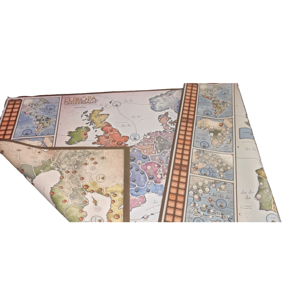 The Europa Universalis: The Price of Power Giant Play Mat by Aegir Games features colorful European regions, detailed territory maps, and score tracks along the right edge on a partially unrolled double-sided surface.