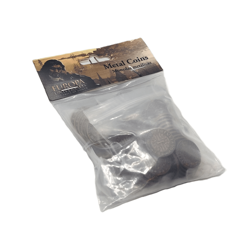 Aegir Games' Europa Universalis: The Price of Power Metal Coins come in a clear plastic bag with themed packaging featuring artwork and text from the Europa Universalis board game.