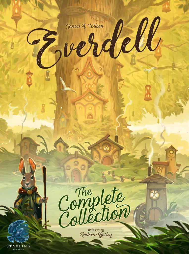A whimsical forest with a lantern-lit tree and wooden houses. An armored rabbit holding a staff stands in front. The text reads: “Everdell: The Complete Collection” by Starling Games—the ultimate board game adventure.