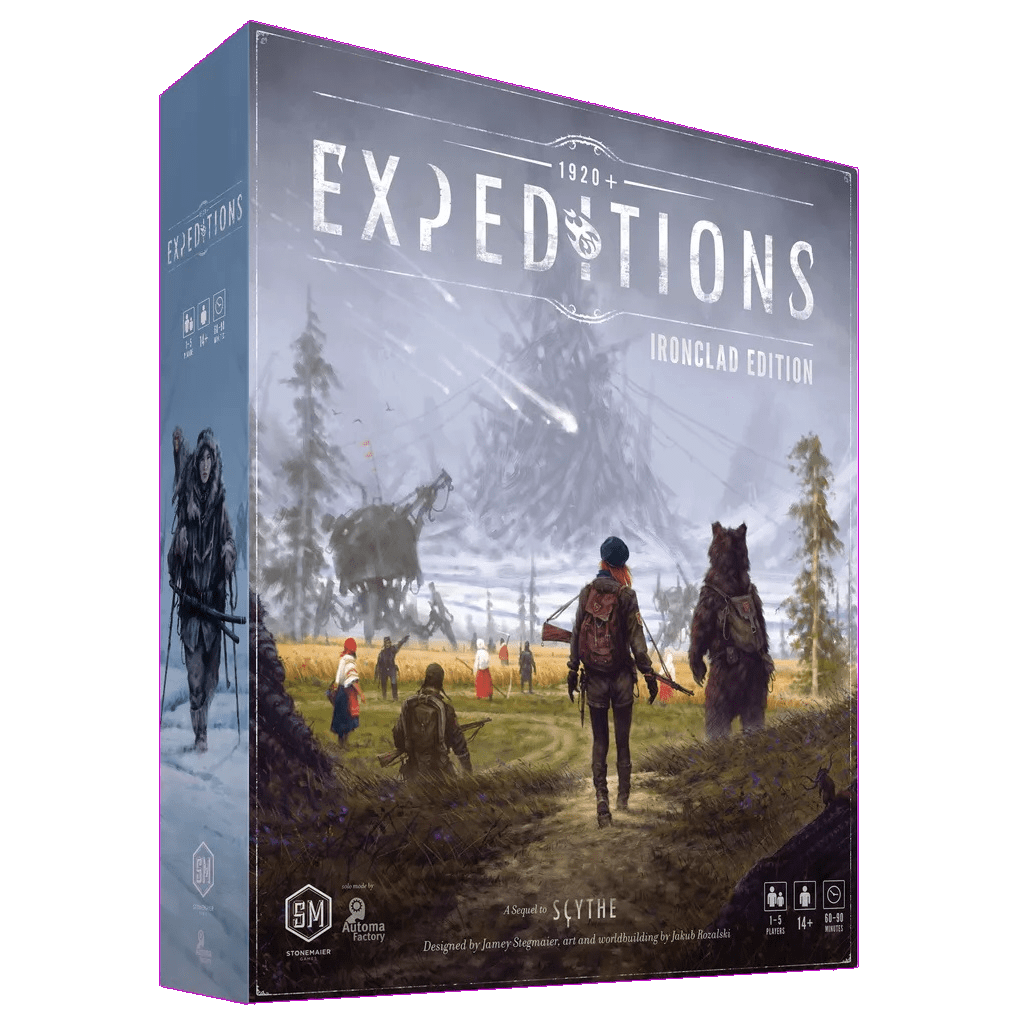 The box for Expeditions (Ironclad Edition) by Stonemaier Games features explorers and a bear near giant metal mechs in a misty rural setting, with the game's title and details printed on this engine-building game's packaging.
