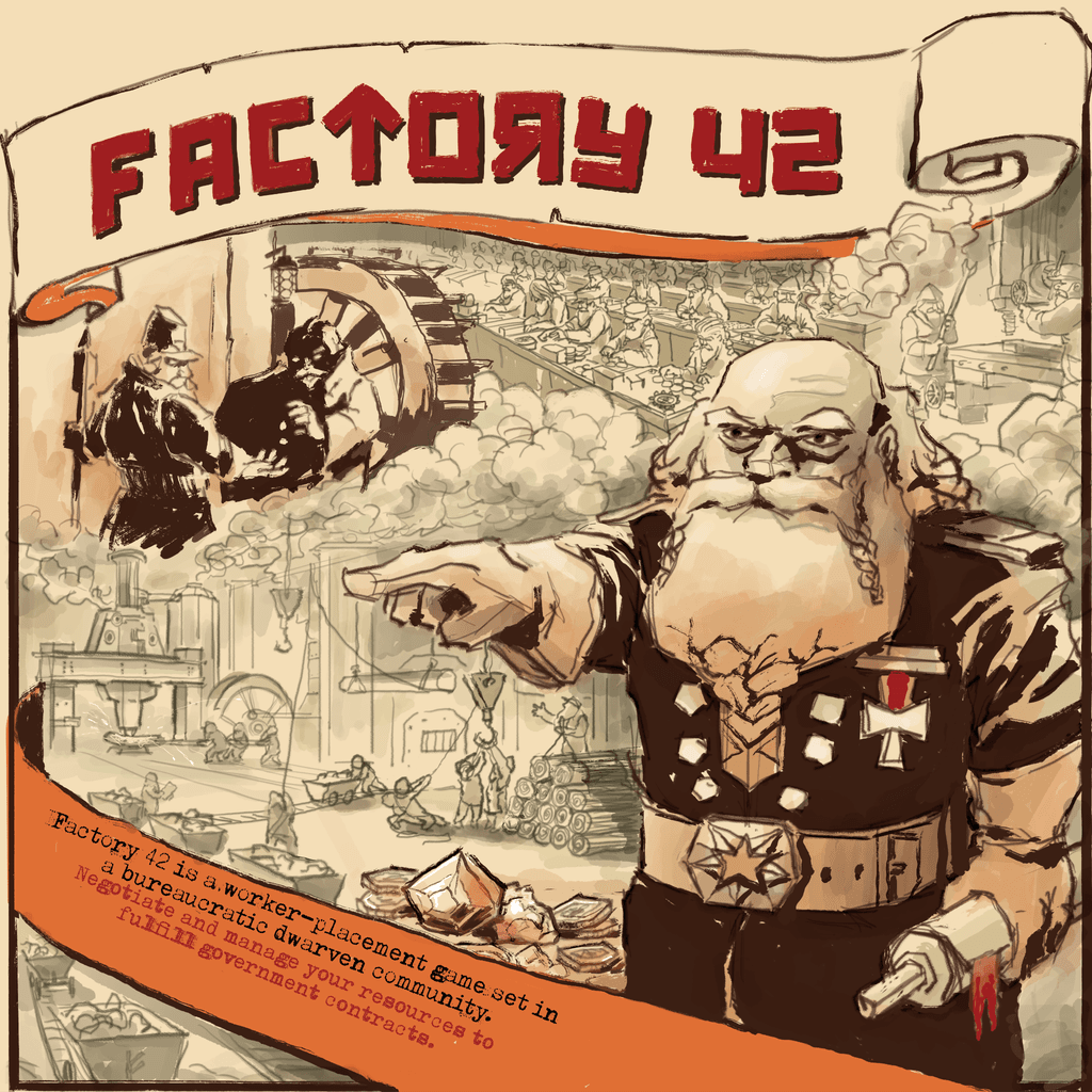 The illustrated cover of “Factory 42 with Commissions Expansion” by Dragon Dawn Productions features a bearded dwarf in uniform pointing forward, with busy factory scenes, gears, and working dwarves in the background.