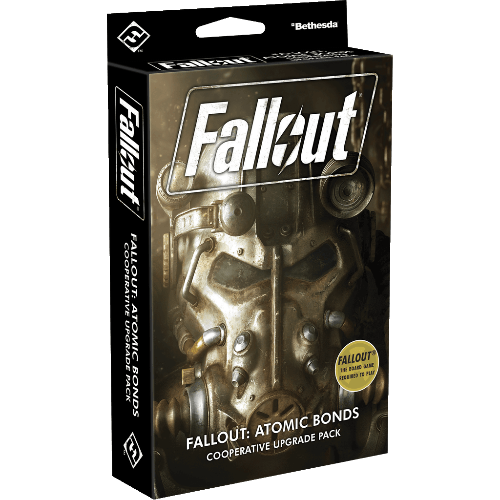 The Fallout: Atomic Bonds Upgrade Pack game box by Fantasy Flight Games features the Fallout logo, an armored mask, and a note that Fallout: The Board Game is required. The Bethesda and Fantasy Flight Games logos are also visible.