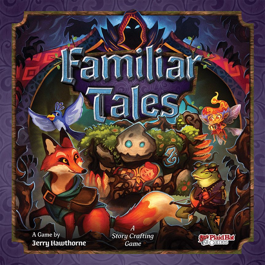 The Plaid Hat Games Familiar Tales board game cover features a fox, frog, bird, and fairy-like character in a magical forest with a stone golem and glowing book—reflecting its co-operative deck-building fantasy adventure theme.