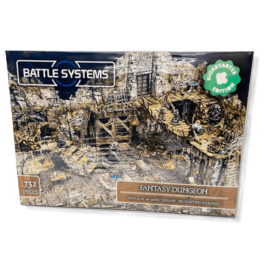 Battle Systems Ltd’s Fantasy Dungeon (Kickstarter Edition) terrain set includes 732 pre-colored pieces—no painting needed—ideal for fantasy miniatures games and detailed dungeon scenes.