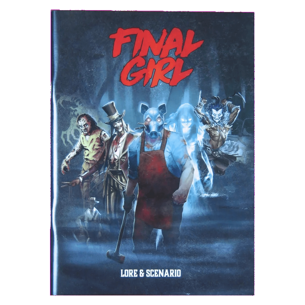 Cover of Final Girl: Lore & Scenario Book Expansion – Series 1 by Van Ryder Games, featuring five sinister horror figures—a clown, butcher with hammer, ghostly figure, and two killers—set in a dark background. Includes detailed killer backstories.