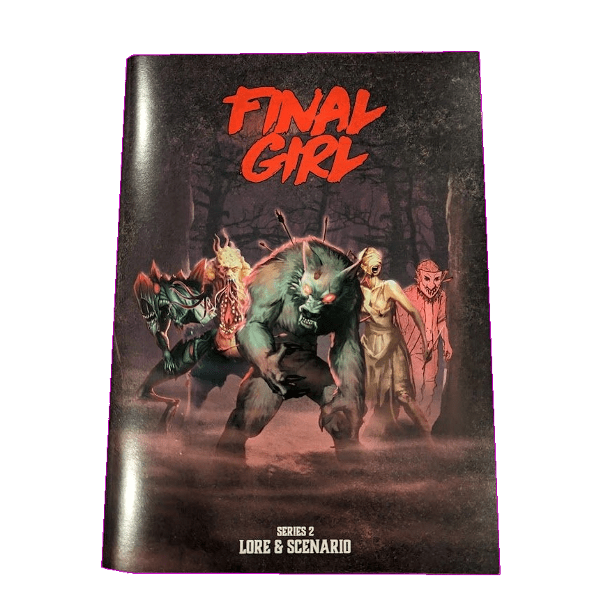 Van Ryder Games' Final Girl: Lore & Scenario Book Expansion – Series 2 features scenarios set in a foreboding forest with four terrifying foes. "Series 2 Lore & Scenario" appears in white, heralding this chilling Final Girl expansion.
