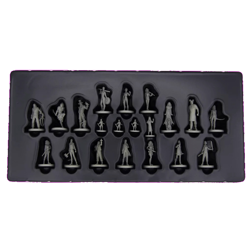A black tray from Van Ryder Games' Final Girl: Series 1 Miniatures holds 20 small gray human-shaped plastic figures in various poses, each arranged in its own slot.