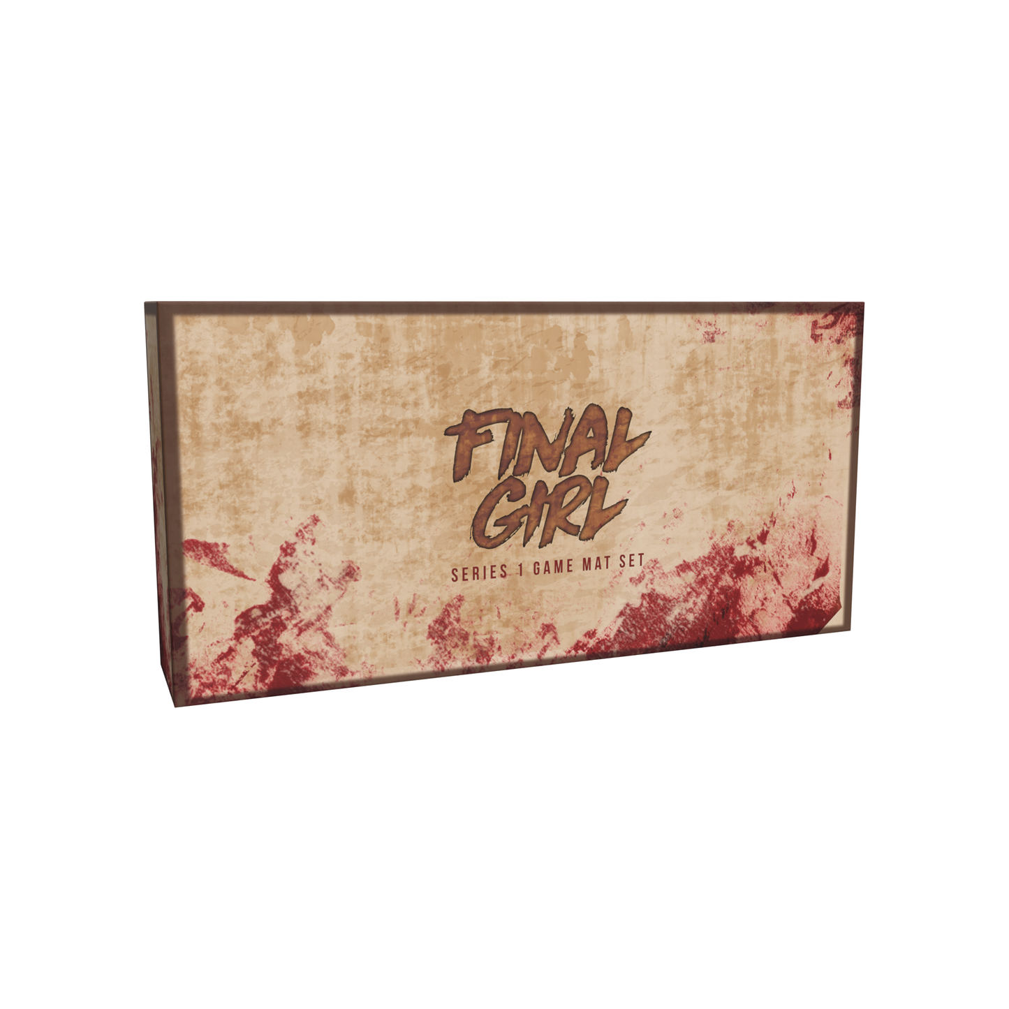 The Final Girl: Series 1 Game Mat Set by Van Ryder Games comes in a rectangular box with a distressed beige and red blood splatter design, ideal for enhancing your Feature Films gaming sessions.