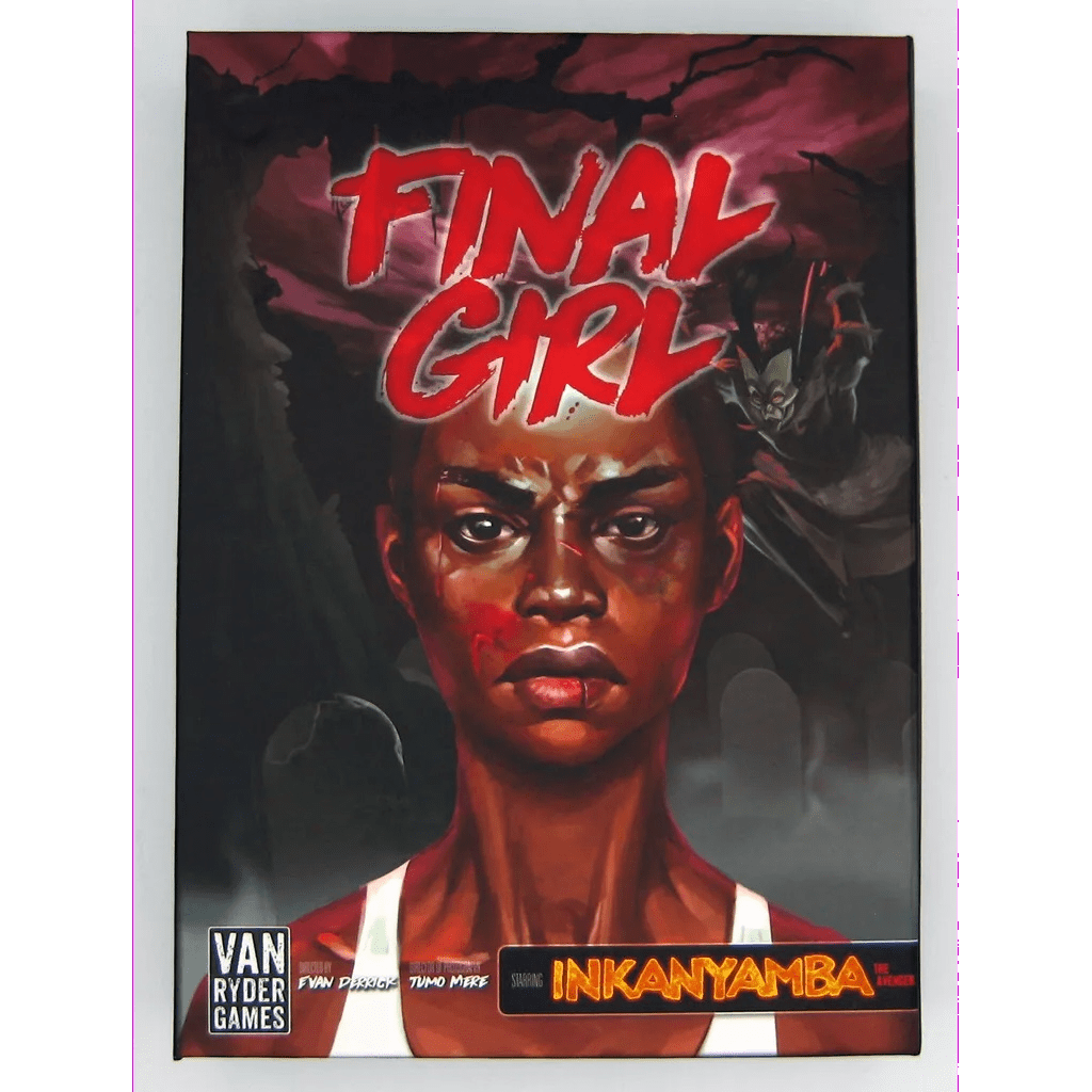 The Final Girl: Slaughter in the Groves Expansion by Van Ryder Games features a wounded woman on its cover, with a lurking creature in the background and visible Van Ryder Games branding.