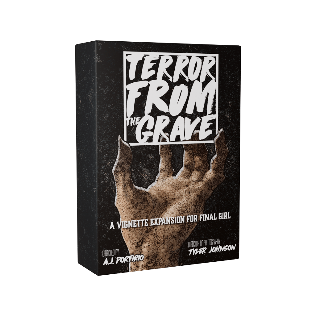 Final Girl: Terror From The Grave Expansion by Van Ryder Games features a skeletal hand reaching upward. Designed by A.J. Porfirio and illustrated by Tyler Johnson, it’s a Final Girl board game expansion pack.