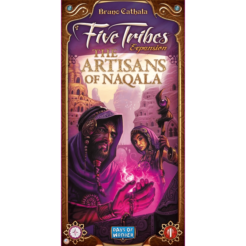 Box cover for Days of Wonder’s Five Tribes: The Artisans of Naqala Expansion features two robed figures in a colorful Middle Eastern-inspired city, one with glowing magical items. Vivid artwork represents this Five Tribes expansion.