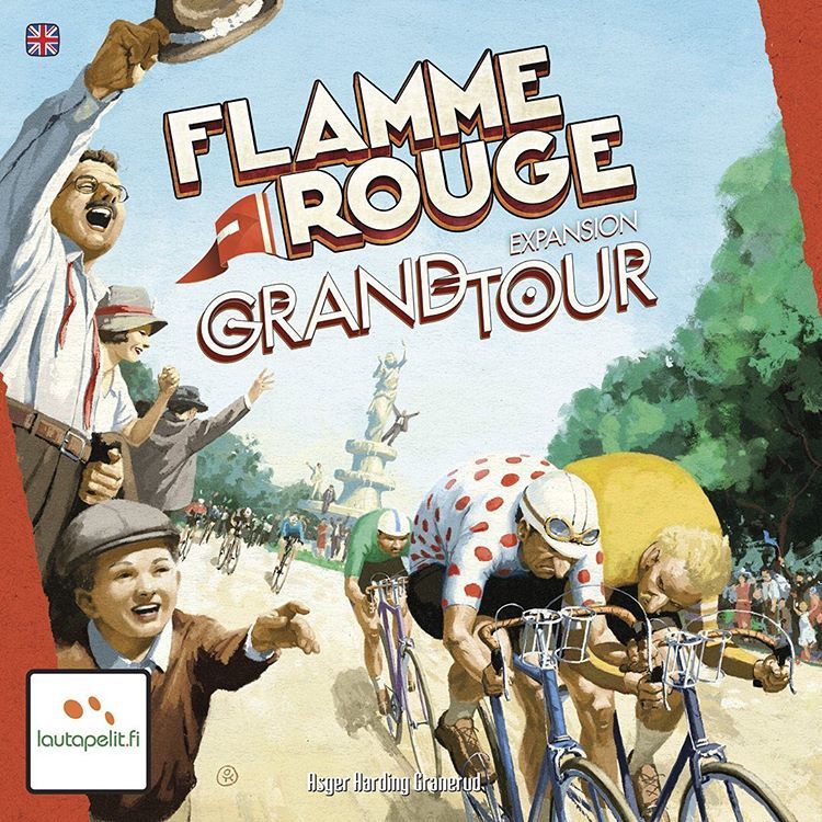 The illustrated cover of Lautapelit's Flamme Rouge: Grand Tour Expansion depicts cyclists racing past spectators and trees, with the bold title at the top—ideal for thrilling multi-stage board game campaigns.