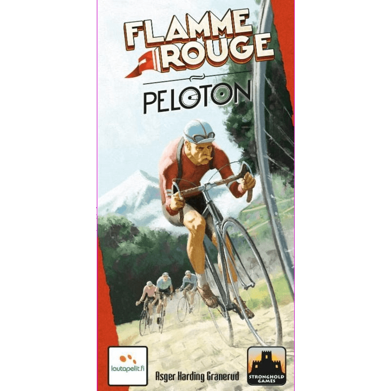 Illustration of cyclists racing on a road with mountains behind, with the text "Flamme Rouge: Peloton Expansion." The Lautapelit logo and Asger Harding Granerud’s name appear at the bottom, highlighting this board game expansion.