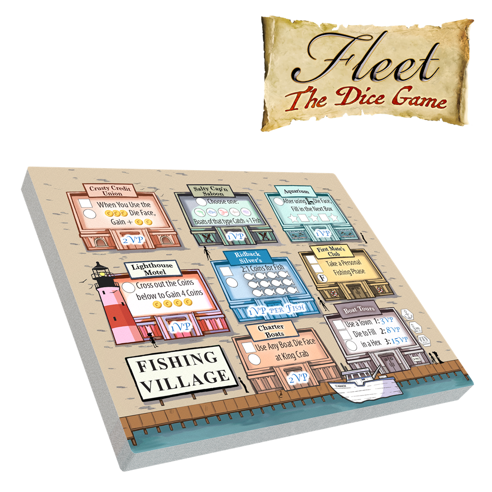 The Fishing Village board from Eagle-Gryphon Games’ Fleet: The Dice Game Dicey Waters Expansion features illustrated buildings, docks, bonus icons with player actions and rewards, plus the game logo in the top right.