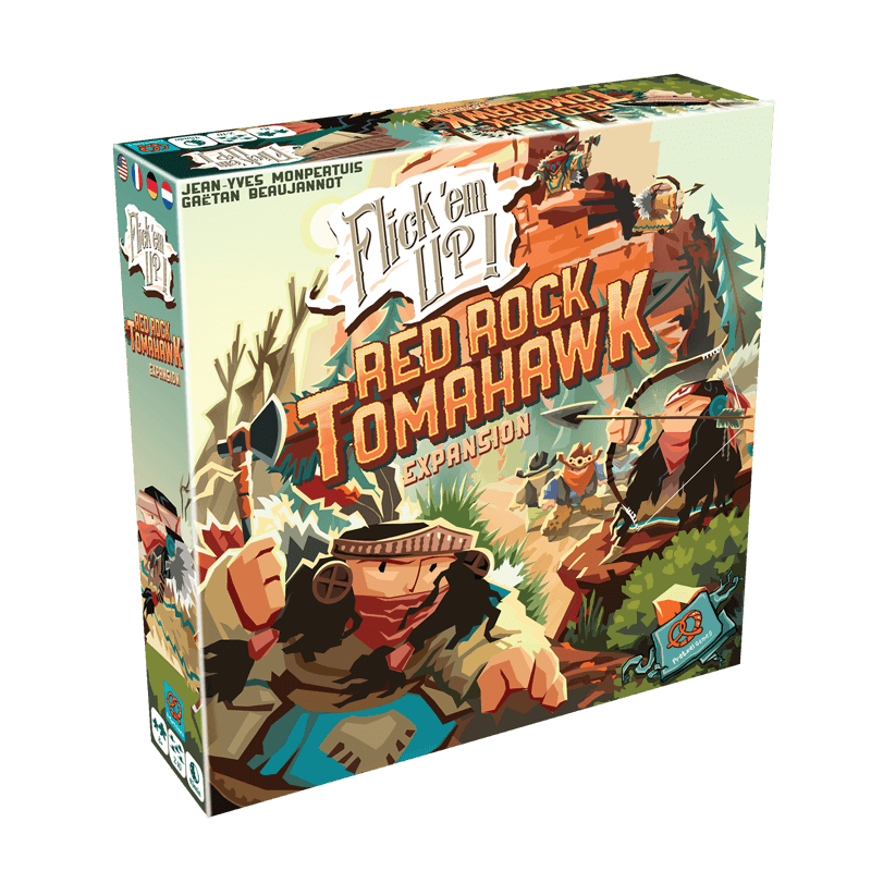 The Pretzel Games Flick 'em Up! Red Rock Tomahawk Expansion (Wooden) features a vibrant box with cartoon cowboys and Native Americans in wild west action, tomahawks, trees, and hints of Gatling gun chaos.