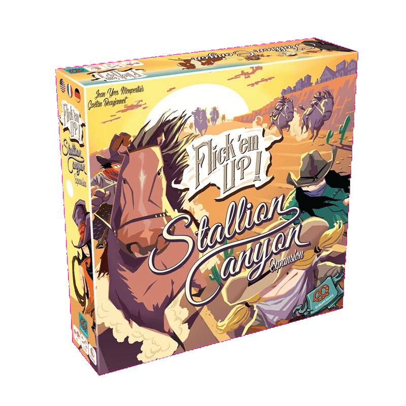 Box for Pretzel Games' Flick 'em Up! Stallion Canyon Expansion (Wooden) shows illustrated cowboys and cowgirls on horseback riding through a canyon, with a galloping horse close-up in the foreground.