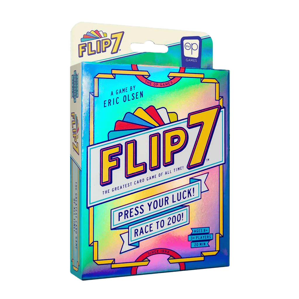 A holographic box for Flip 7 Second Edition by The Op Games and Eric Olsen, with bold colorful letters, game info, “Press Your Luck!”, and “Race to 200!”. For ages 8+, 2–4 players, plays in 20 minutes.