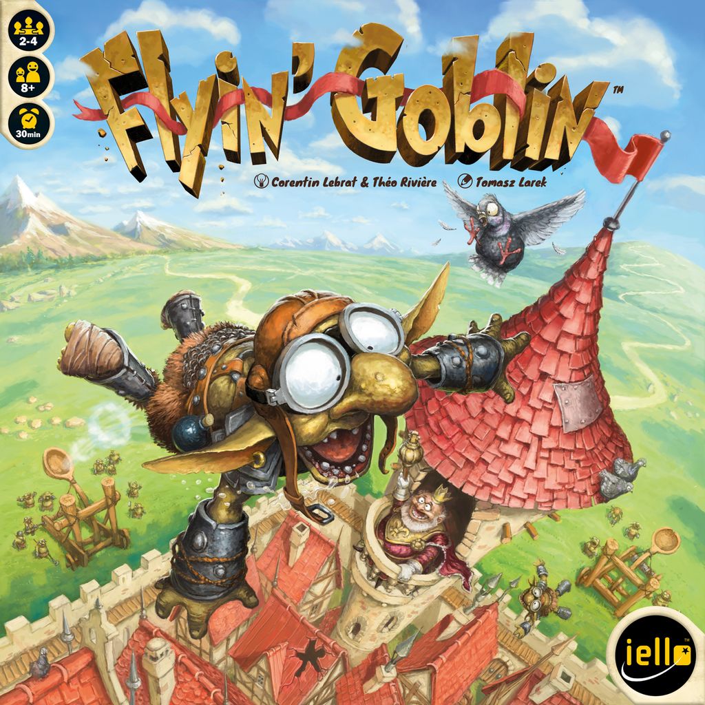 A cartoon goblin in aviator gear soars above a castle with birds, coins, and loot scattered around. "Flyin' Goblin" appears as the title above, with the Iello brand logo in the bottom right corner of this playful board game.