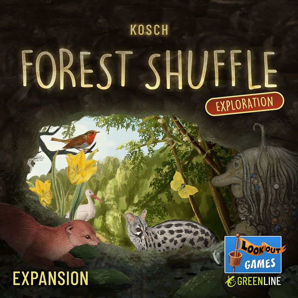 The cover of Forest Shuffle: Exploration Expansion by Lookout Games shows a bird, otter, wildcat, and flowers among forest plants, with the Lookout Games logo at the bottom.