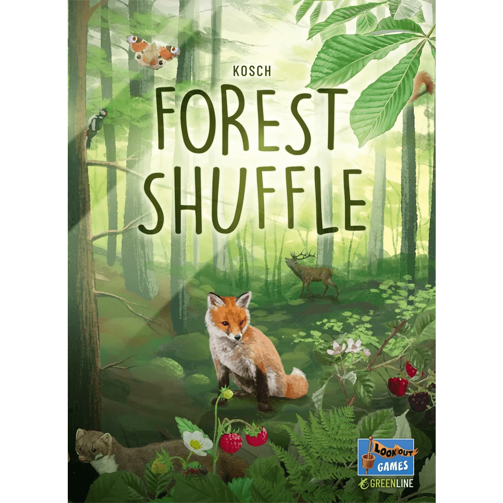 Illustrated cover for Forest Shuffle by Lookout Games shows a fox, squirrels, deer, and weasel in a lush, sunlit habitat. The game logo and Lookout Greenline mark appear at the bottom right.