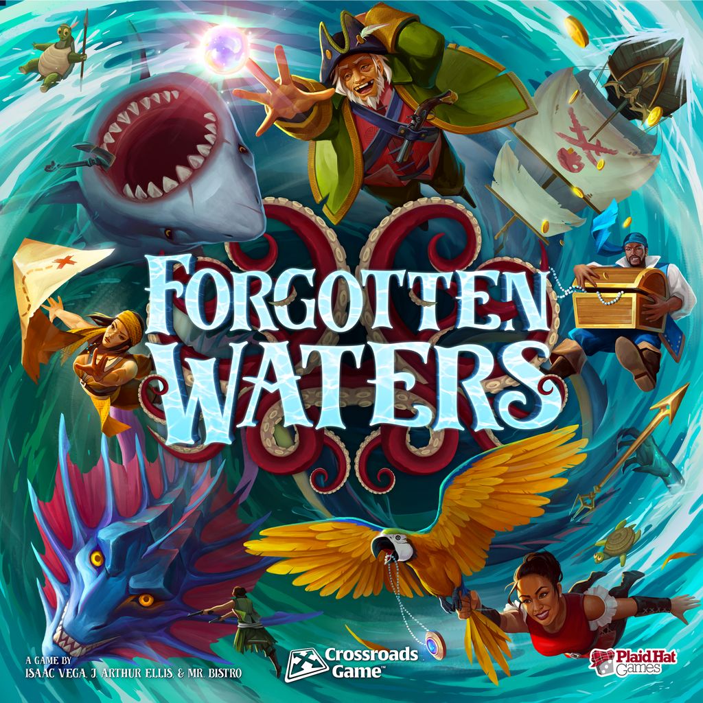 The illustrated cover of Forgotten Waters by Plaid Hat Games features pirates, a shark, giant octopus, sea dragon, ships, a parrot, and treasure swirling in a whirlpool around the title of this Crossroads Game.