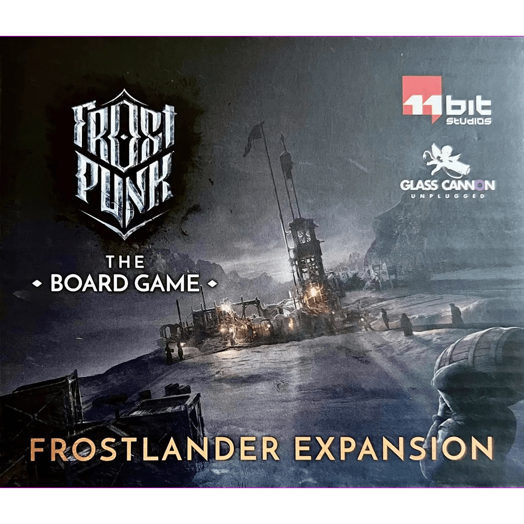 The image displays the cover of Frostpunk: The Board Game – Frostlander Expansion by Glass Cannon Unplugged, featuring a snowy industrial outpost and machinery from the board game.