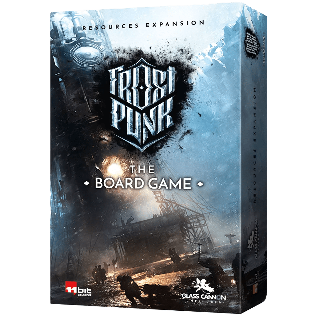 The image displays the Frostpunk: The Board Game – Resources Expansion box by Glass Cannon Unplugged, featuring snowy industrial art with workers, large machines, and highlighting detailed plastic resources inside.