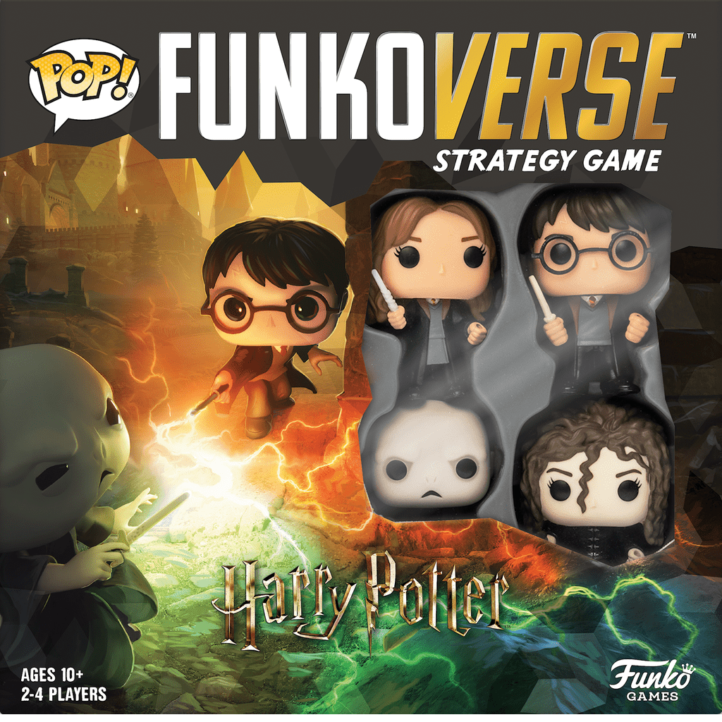 The Funkoverse Strategy Game: Harry Potter 4-Pack by Funko Games features Harry, Hermione, Bellatrix, and Voldemort Funko Pop! figures in an exciting wizarding duel on the box cover.
