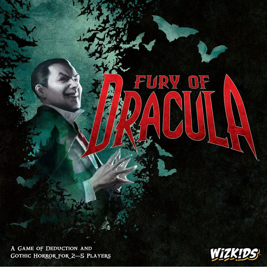 Board game cover for Fury of Dracula Fourth Edition by Wizkids. It shows a sinister vampire with fangs, a dark suit, and green cloak, surrounded by bats on a shadowy background. The cover features the game title and details.