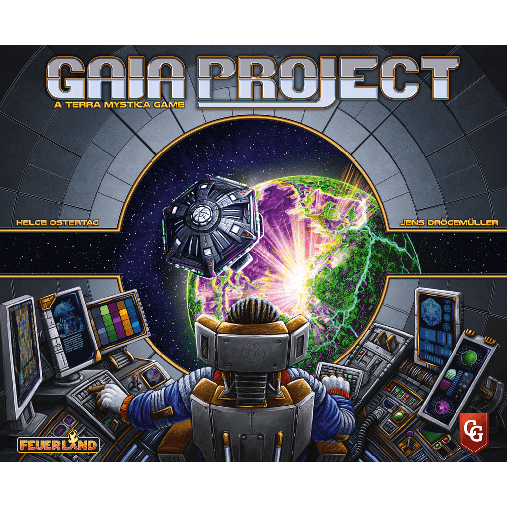 A person in a spacesuit sits at a control panel inside a spaceship, gazing at a colorful planet and satellite. Surrounded by screens, the text "Gaia Project (Second Edition) – Capstone Games" appears above.