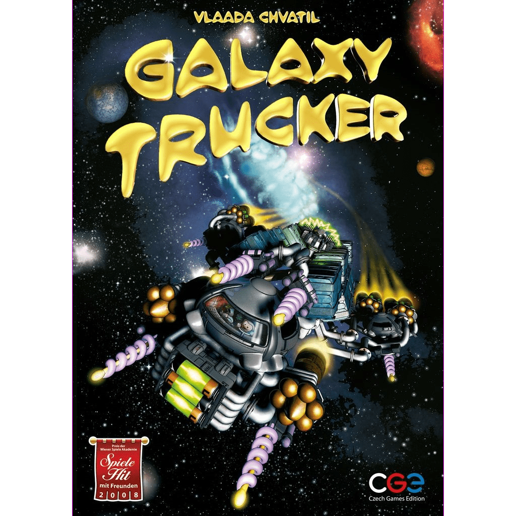 The cover of Galaxy Trucker by Czech Games Edition (CGE) features a cartoon spaceship built from assorted parts zooming through space, with stars and planets around it. The game’s title is displayed in large, yellow bubble letters at the top.