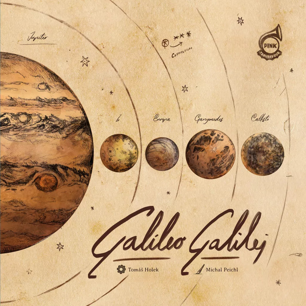 An illustrated cover for Pink Troubadour’s Galileo Galilei board game, featuring Jupiter and its four largest moons with orbits, handwritten names, and "Galileo Galilei" in large script at the bottom.