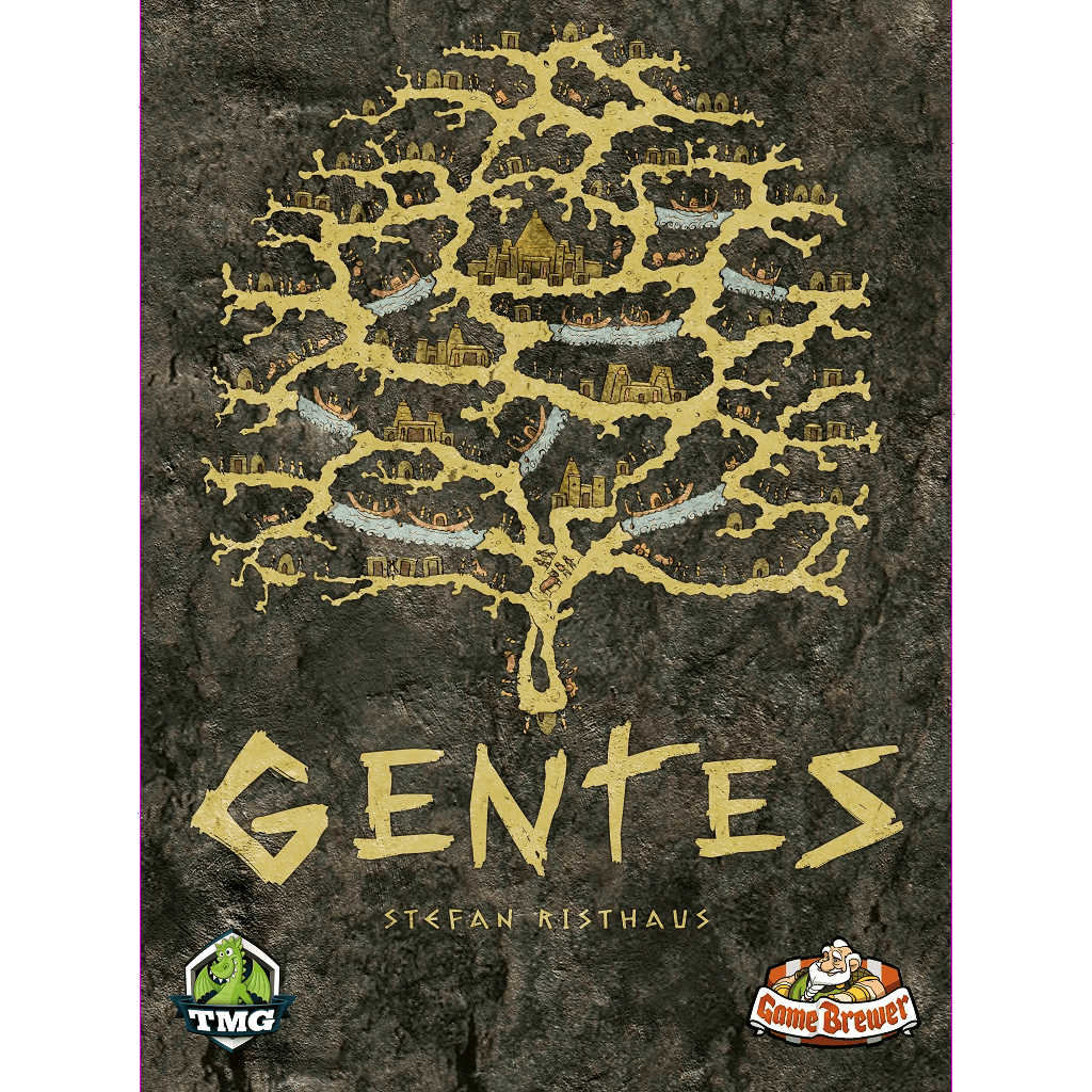 Board game cover for Gentes EN/DE/FR/NL by Game Brewer. A stylized golden tree with cities in its branches illustrates this Mediterranean civilization game's unique timing mechanic. The Game Brewer logo is shown at the bottom.