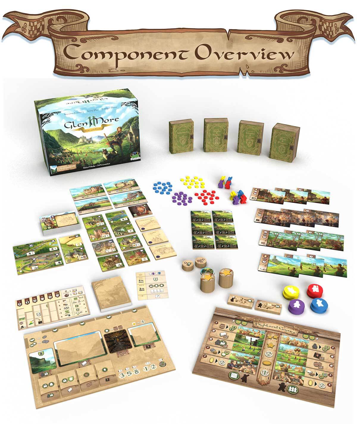 An overhead view of Glen More II Highland Games Expansion EN / DE by Funtails, showcasing its box, cards, vibrant tokens, wooden pieces, player boards, and tiles—beautifully arranged to capture the essence of Highland Games and Scottish tradition.