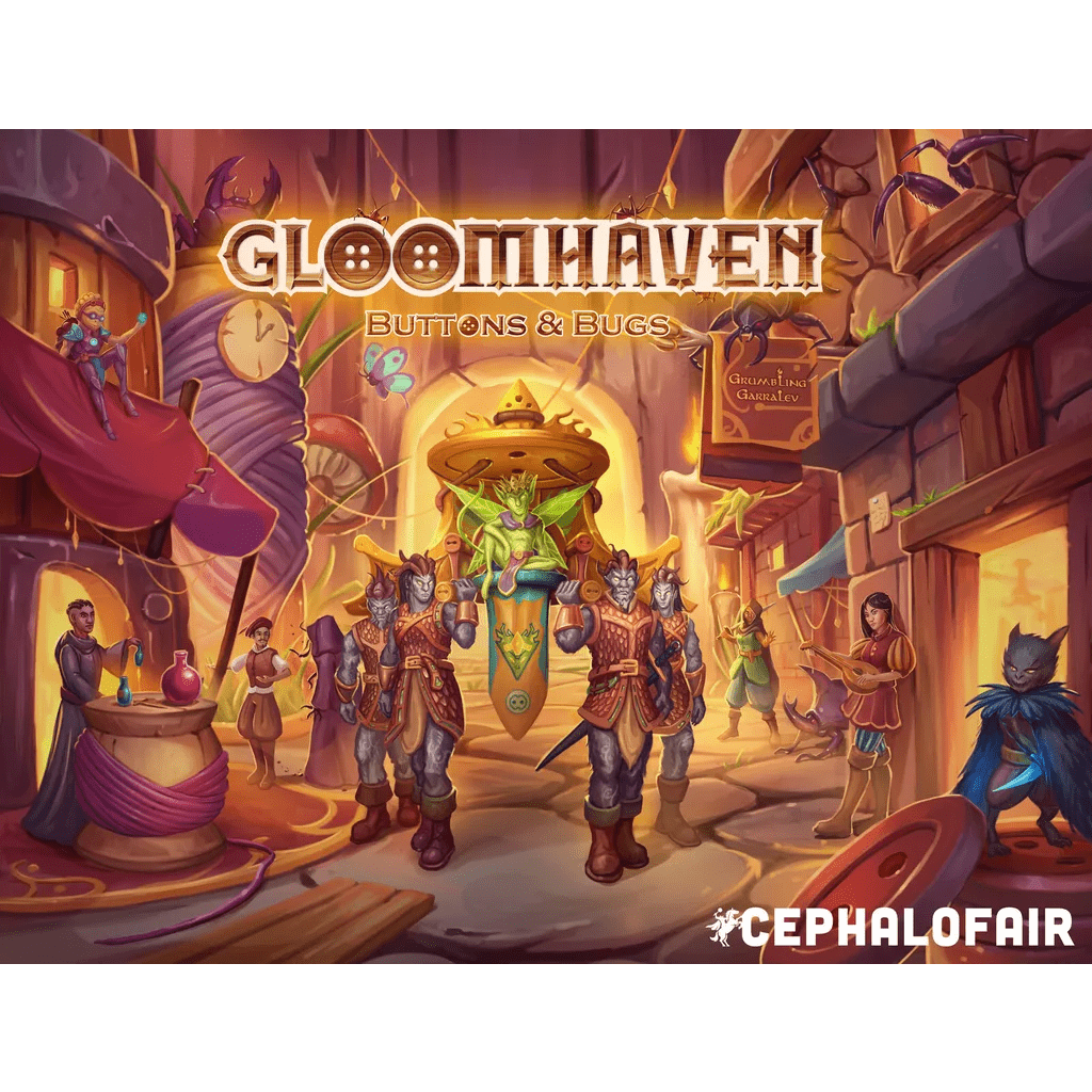 A fantasy city street scene from Gloomhaven: Buttons & Bugs shows armored animal characters carrying a throne with a green rat, surrounded by creatures in colorful outfits. The Cephalofair logo appears in the corner.