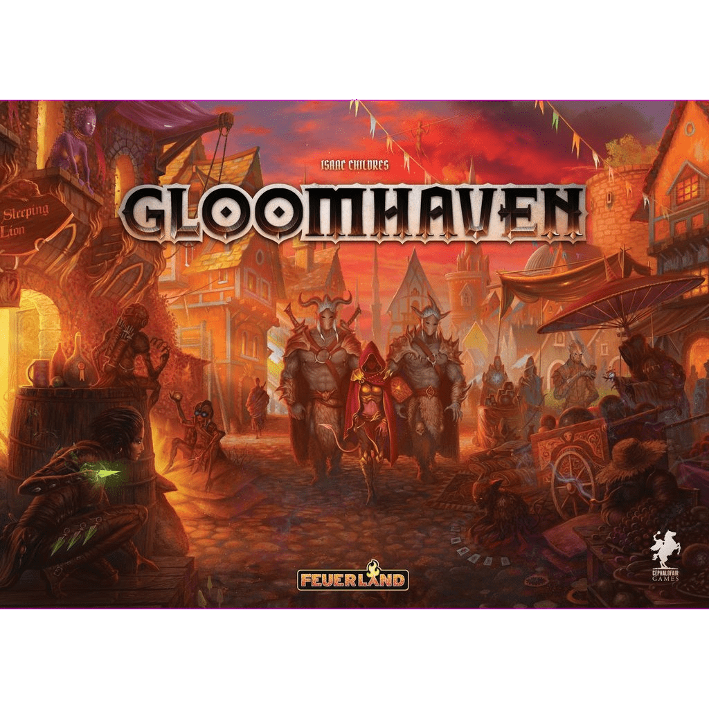 The cover of Gloomhaven DE by Feuerland Spiele shows armored figures in a bustling medieval fantasy town at sunset, with orange-red lighting and detailed buildings in the background.