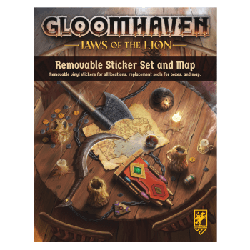 The cover of Cephalofair Games’ Gloomhaven: Jaws of the Lion Removable Sticker Set and Map features a table with fantasy weapons, mugs, candles, a map board, and a shield. The product name appears prominently at the top.
