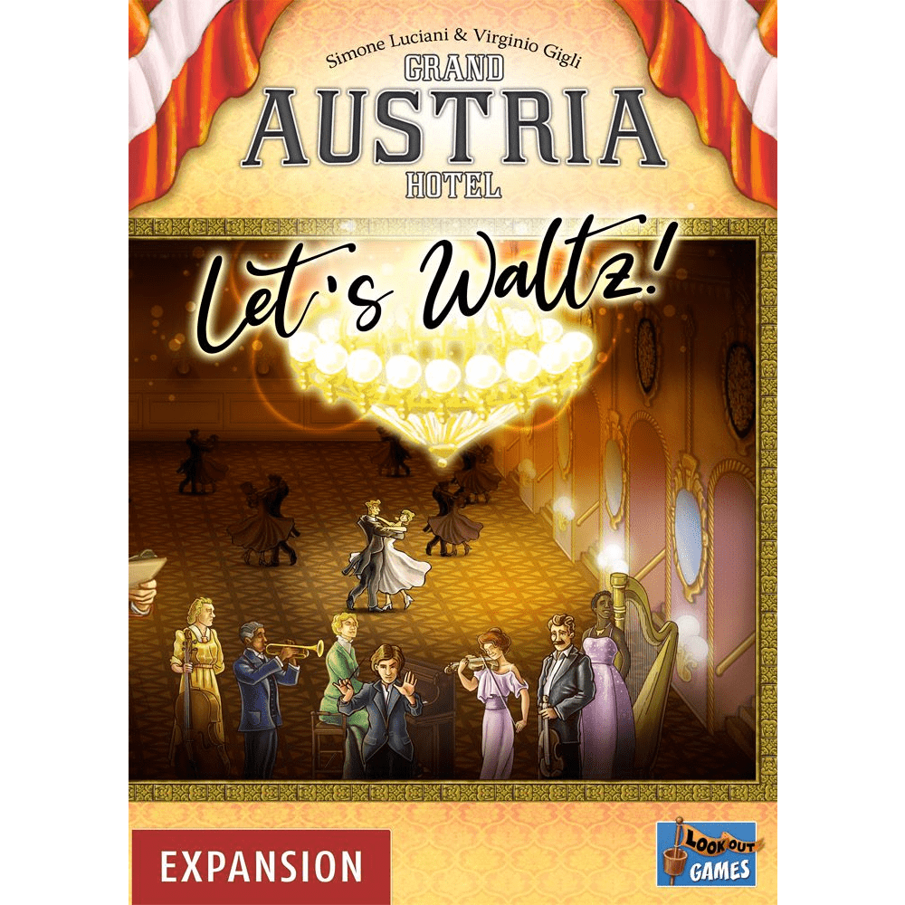 The illustrated cover for Mayfair Games' Grand Austria Hotel: Let's Waltz! Expansion shows elegantly dressed dancers in a grand ballroom under a chandelier, with red curtains and "EXPANSION" labeled at the bottom.